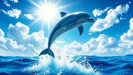 Dolphin leaping ocean sunny sky splashing water