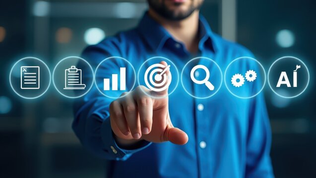 Person interacting with a futuristic user interface. - Powered by Adobe