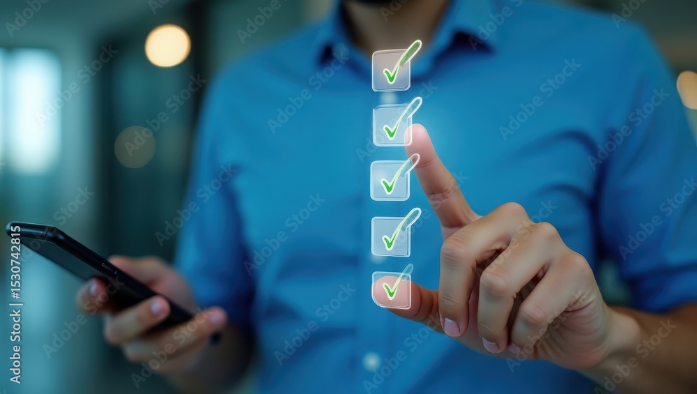 Poster person using a mobile phone and interacting with a virtual checklist.