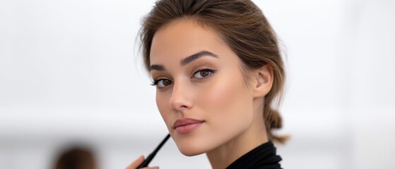 Obraz premium Woman applies makeup using brush for cosmetic enhancement. Beauty, cosmetics, glamour, fashion, style.