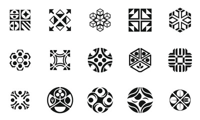 A collection of abstract geometric logos in black and white, showcasing various designs that intrigue and captivate the viewer's attention.