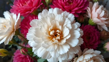 Close-up of vibrant white, pink, and red flowers in full bloom. The flowers create a stunning floral display.