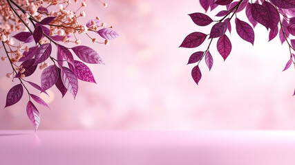 Elegant purple leaves and delicate flowers on pink background