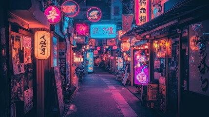 Obraz premium Neon-lit alleyway in a Japanese city at night. Vibrant colors, glowing signs, and shops line the narrow street