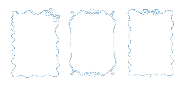 Set of three frames with ribbon bows in doodle style. Hand-drawn vector template with copy space. Trendy coquette borders for greeting card, wedding invitation, birthday card, print