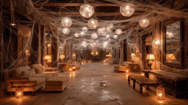 Spooky Halloween Hallway Decor with Warm Lighting and Cobwebs