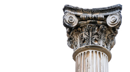 Naklejka premium Detailed Corinthian column stands out against a white background, highlighting craftsmanship and architectural elegance