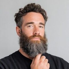 Man with beard touches chin thoughtfully. Bearded man portrait, pondering, serious, hand on chin