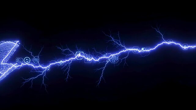 Electric blue lightning bolt with digital elements illuminating a dark background, showcasing energy