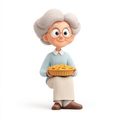 Grandmother sits holding a freshly baked pie with love. Cartoon, grandma, pie, baking, home, food, family, dessert, warmth.
