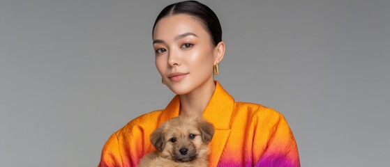 Woman poses with a cute puppy in her arms. Pet ownership, fashion, beauty, friendship, love, care.