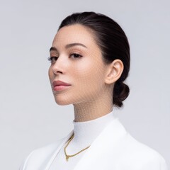 Woman poses with 3D face tracking grid overlay. Future technology, ai, facial recognition, augmented reality.