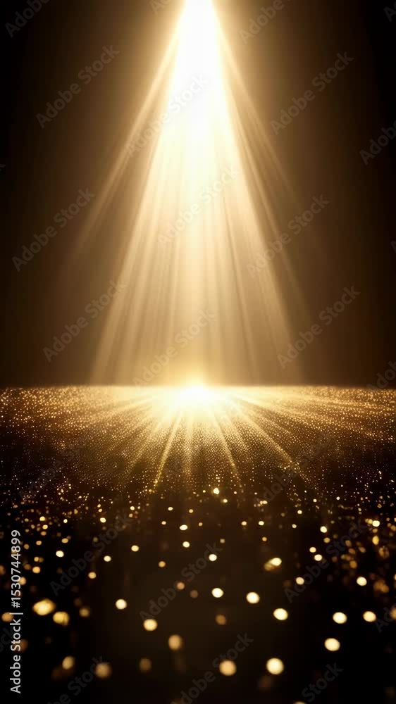Poster bright golden light shines down, illuminating a floor of glittering particles, creating a warm and e