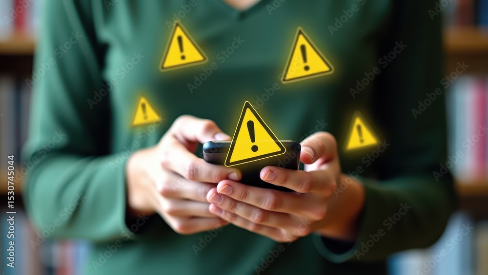Poster smartphone displaying multiple warning symbols.