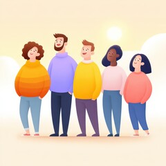Diverse group of friends stand together in the sun, looking ahead. Friendship, diversity, togetherness, unity, community, support, optimism
