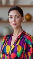Woman poses wearing colorful dress indoors. Portrait of elegant female, colorful fashion, style.