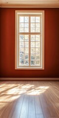 Fototapeta premium Bright and Spacious Minimalist Interior with Rich Dark Brown Walls and Light Wood Floors, Elegance