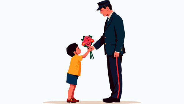 Child giving flowers to veteran in pop art style, remembrance and gratitude