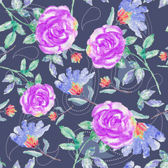Seamless pattern of watercolor pink roses and yellow spring flowers with paisley dots pattern.