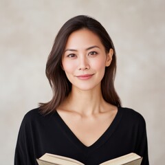 Woman with a book smiles warmly at the viewer. Asian female portrait, book reading, indoor, confident, v-neck shirt, literary