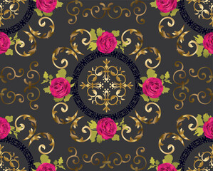 Golden floral seamless pattern. Vintage vector botanical wallpaper. Royal wallpaper seamless pattern. Gold scroll pattern and red flat roses.