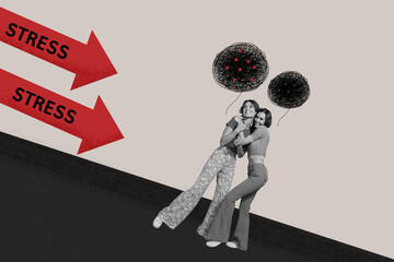 Creative sketch collage of people with messy doodles on grey black background near stress srrows