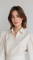 Portrait of a woman looking directly at camera in neutral setting. Natural beauty, real person, calm expression, modern fashion, portrait photography.