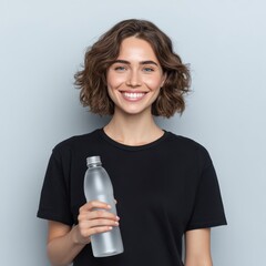 Woman smiles and holds water bottle. Hydration, health, lifestyle, wellness, beauty.