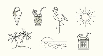Summer Vacation Line Art Icons Beach, Drinks, Flamingo, Sun