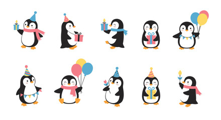 Adorable Penguin Birthday Party Characters Cute Illustration Set
