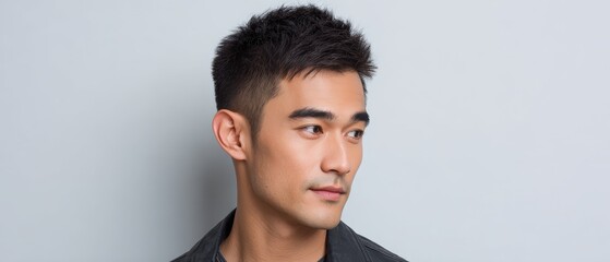 Man looks to the side in a stylish pose. Attractive asian man, looking away, handsome male model, trendy hairstyle