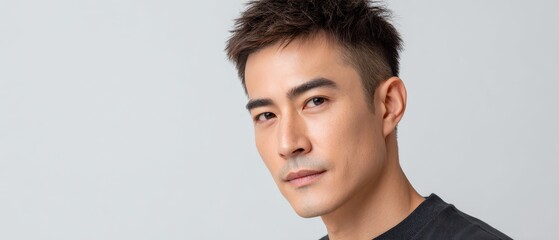 Handsome man with short haircut looks at camera. Portrait, confidence, attractive, modern, fashion