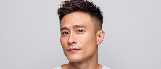 Asian man smiles slightly at the camera. Portrait of mature male, confident expression, skincare, lifestyle
