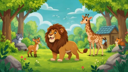 Naklejka premium A charming cartoon depicts a friendly lion with other adorable animals in a vibrant forest scene, ideal for children's content.