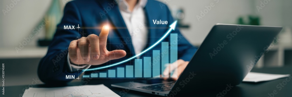 Poster businessperson interacting with a projected graph of increasing value.