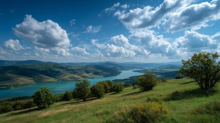 Obraz premium Serene Lake and Mountain Landscape Under a Sunny Sky