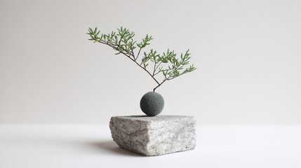 The minimalist white background features a small tree on an elegantly smooth stone pedestal, creating a visual contrast between natural beauty and minimalist design.