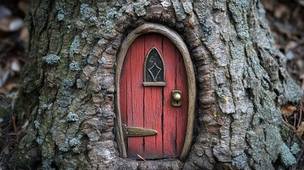 A whimsical fairy door, crafted from wood, adorns a forest tree.  This rustic, fantasy design is perfect for prints.
 