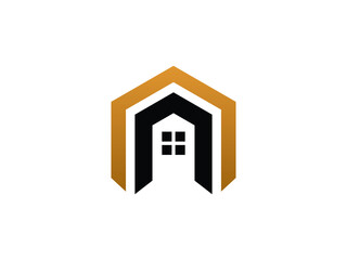 A stylish, minimalist logo design with a house in an elegant golden and black hue, symbolizing security, comfort, and the essence of home ownership.
