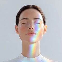 Woman with closed eyes stands serenely, a prism of rainbow light falls across her face. Mindfulness, meditation, inner peace, spirituality, ethereal beauty.
