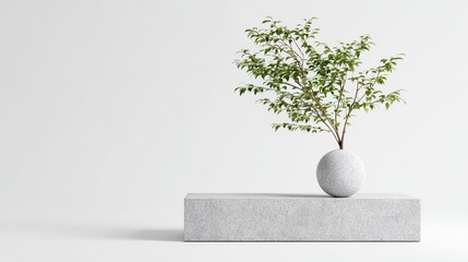 The minimalist white background features a small tree on an elegantly smooth stone pedestal, creating a visual contrast between natural beauty and minimalist design.