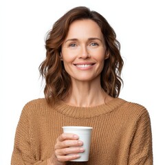 Smiling woman holds a paper cup. Happy person, coffee break, beverage, lifestyle, refreshment
