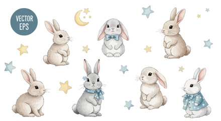 Adorable Baby Rabbits Illustration Watercolor Style Bunny Clipart Set