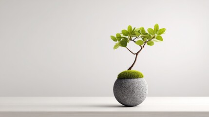 The minimalist white background features a small tree on an elegantly smooth stone pedestal, creating a visual contrast between natural beauty and minimalist design.