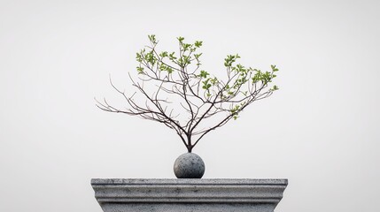 The minimalist white background features a small tree on an elegantly smooth stone pedestal, creating a visual contrast between natural beauty and minimalist design.