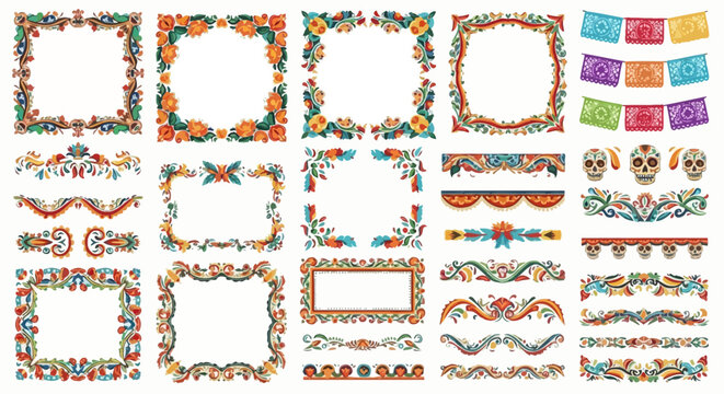 Vibrant Floral and Skull Day of the Dead Design Elements Frames, Borders, and Banners