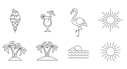 Summer Vacation Icons Sun, Beach, Drinks, and Flamingo Line Art Illustrations