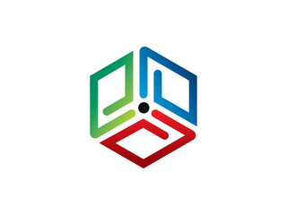 A vibrant abstract logo design featuring a cube interconnected by lines and nodes, symbolizing network, connection, and technology.  
