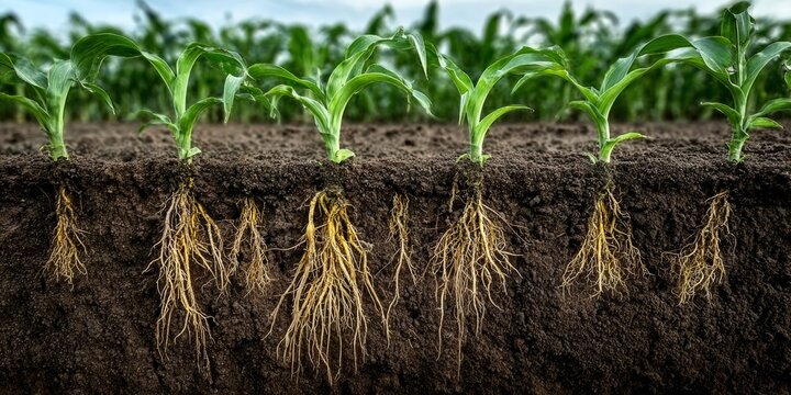 Corn Seedlings Growing in Field Close-Up of Root System Development and Soil Connection for Growth