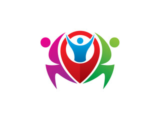 Happy family teamwork icon with a point sign